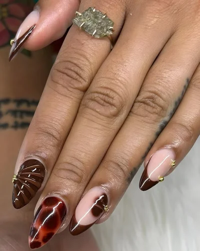 Brown tortoiseshell and chocolate French almond nails